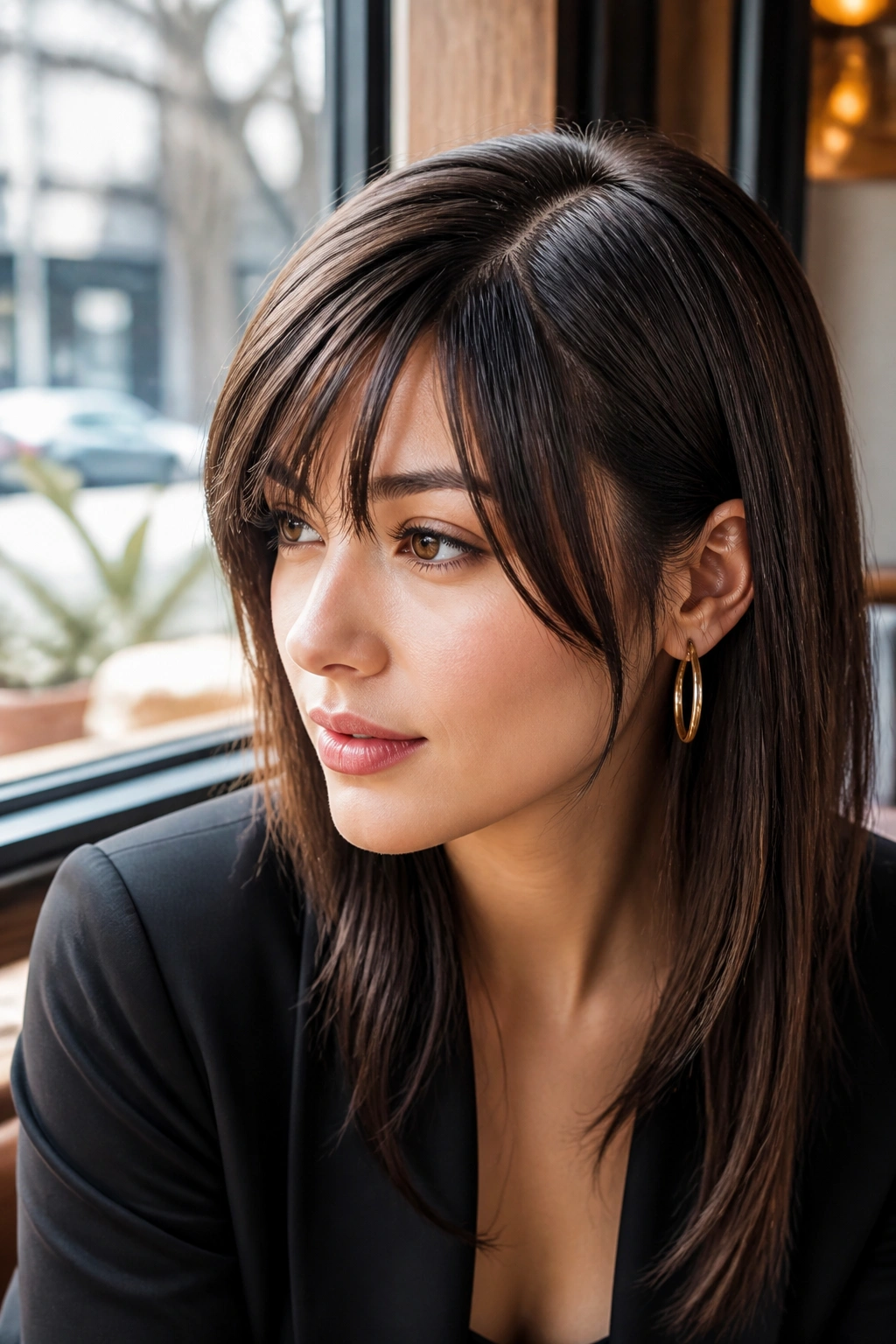 Close-up of a real woman with a side-connected French fringe in a cafe setting