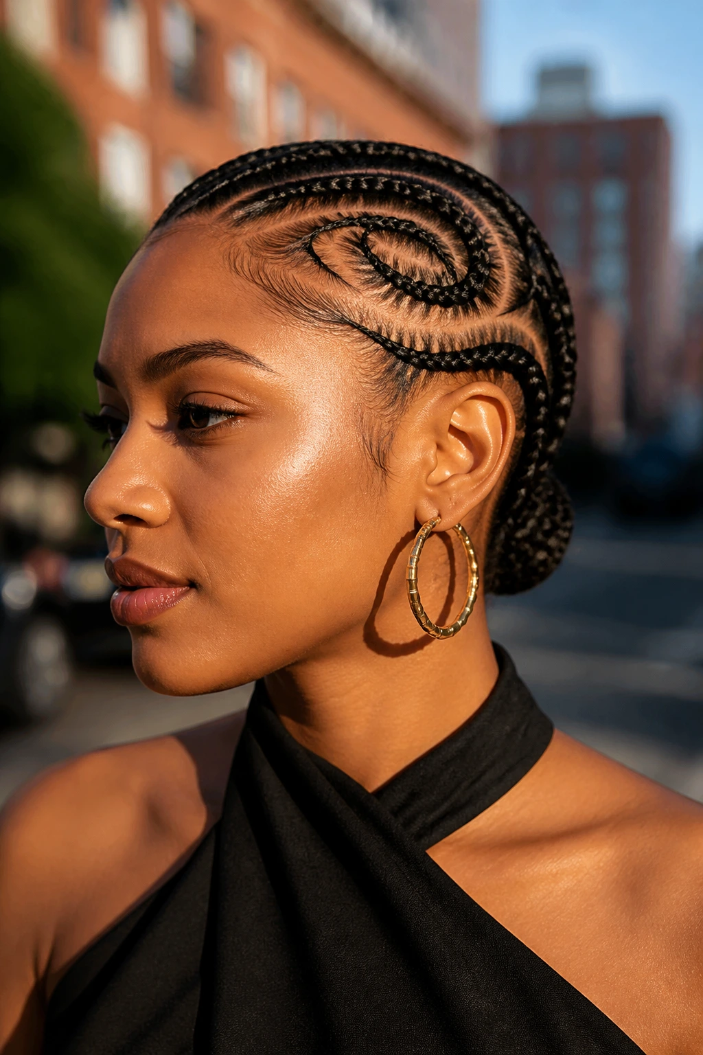 Close-up of a real person with side cornrows that curve and have tucked ends