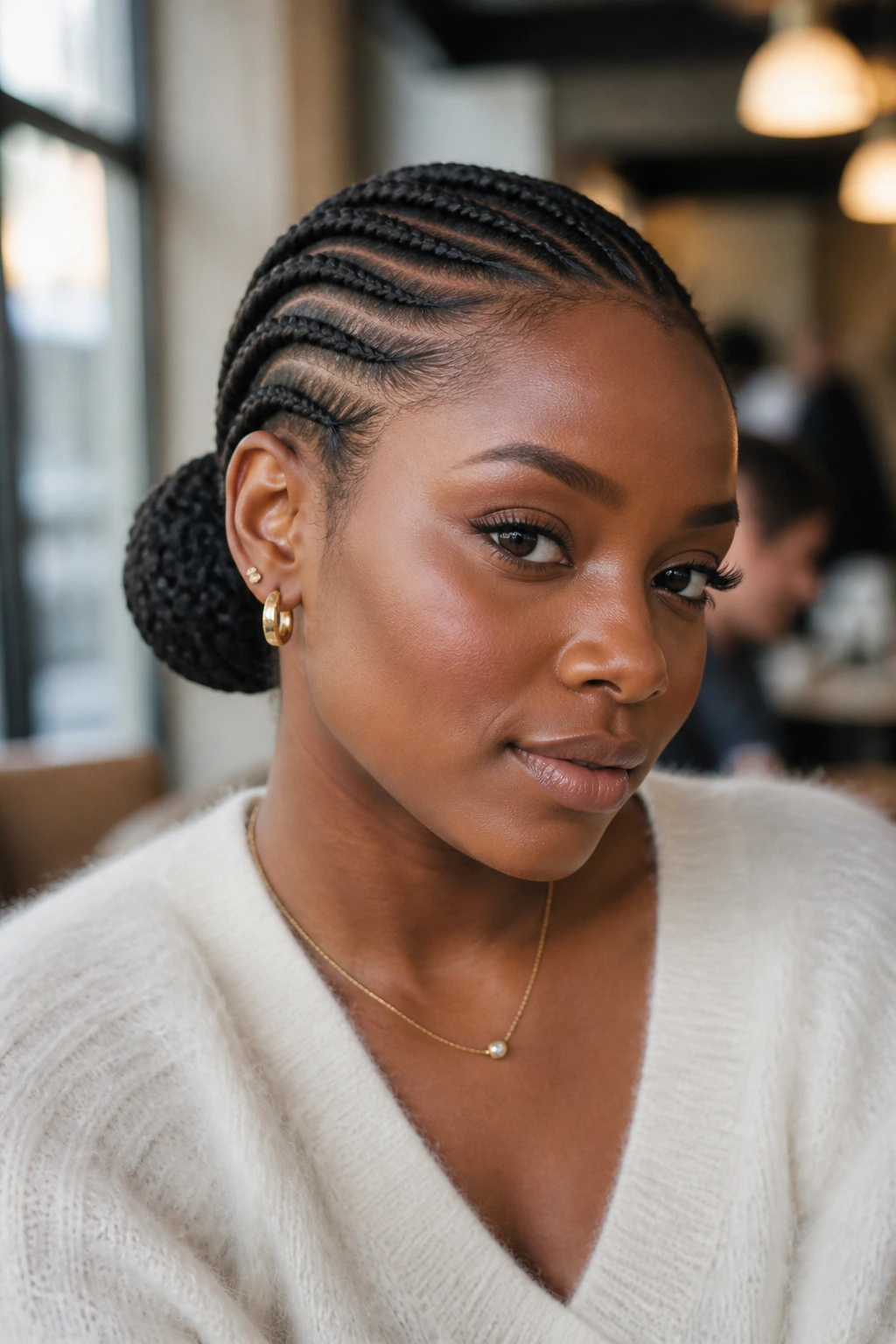 Close-up of a real person with side cornrows leading into a low braided bun behind the ear