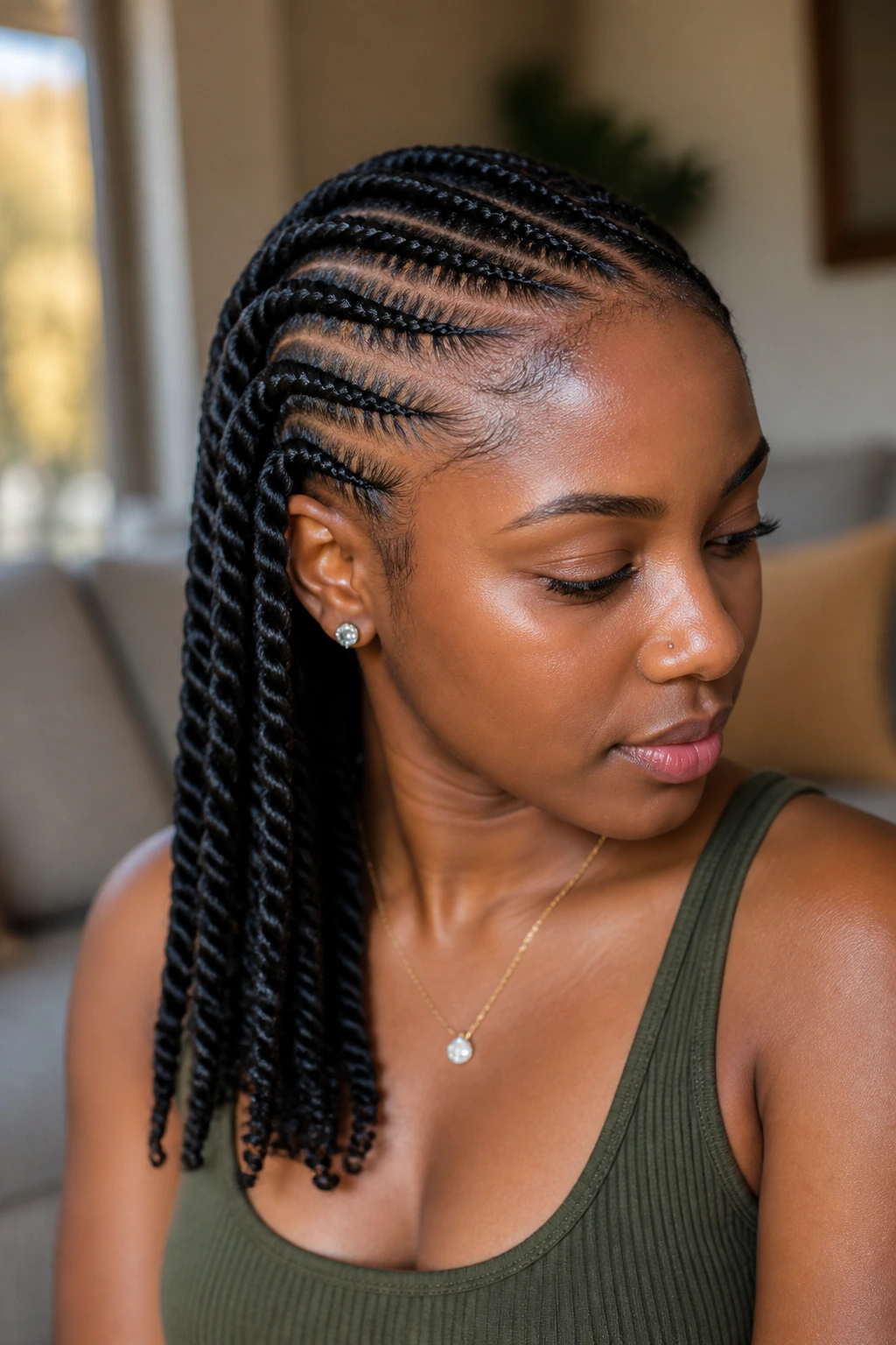 Close-up of a real woman's head showing side cornrows ending in rope twists