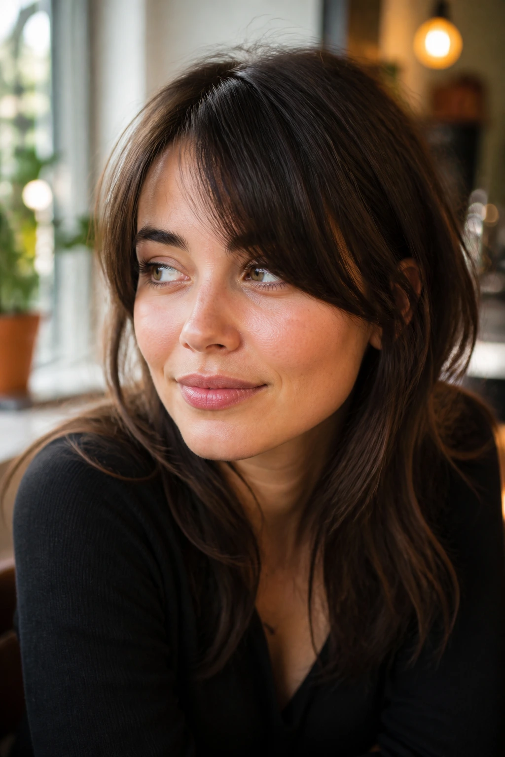 Portrait of a real woman with side curtain bangs opening the face in warm cafe light.