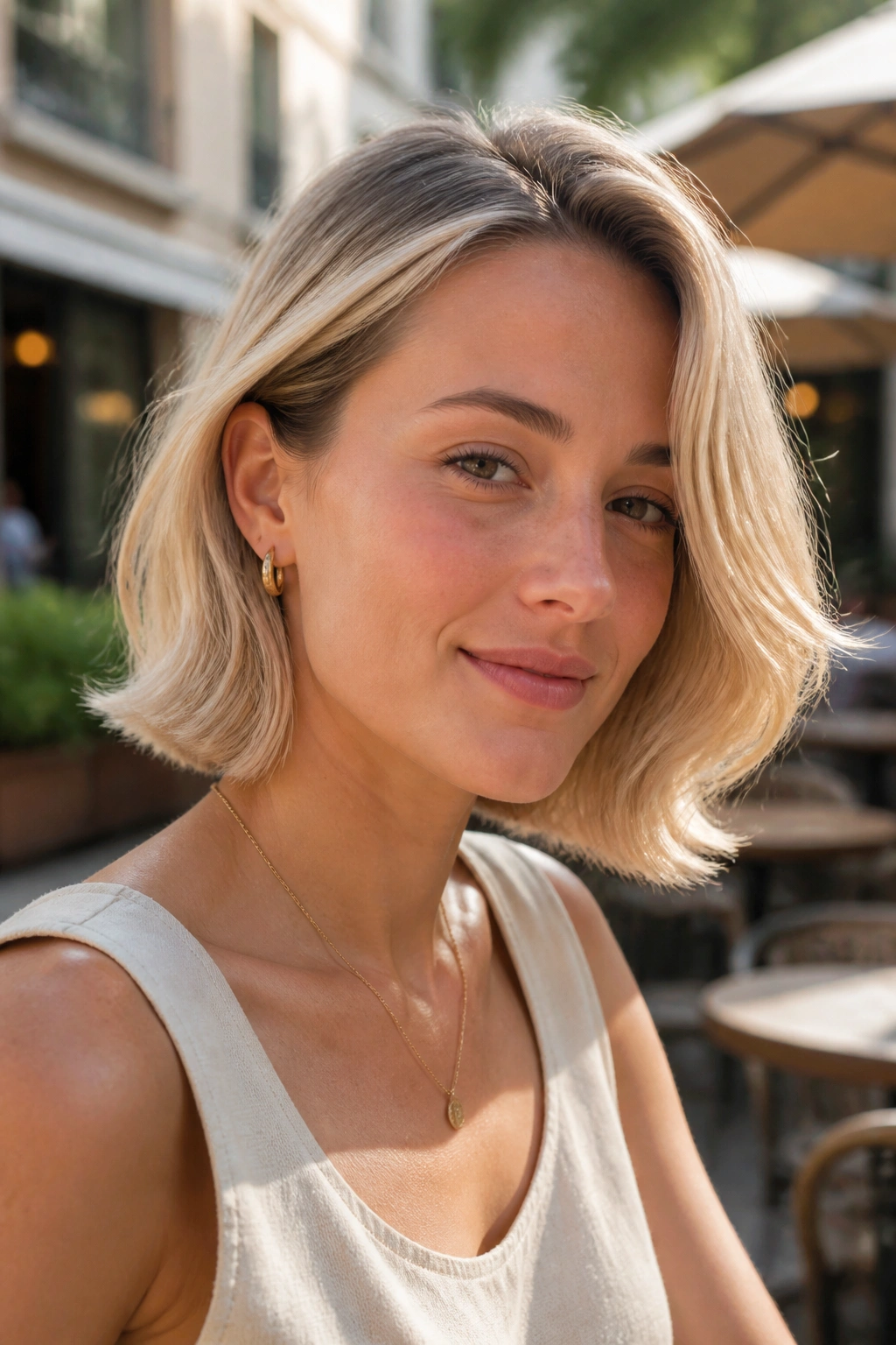 Real woman with a side-flip blonde bob in outdoor light.