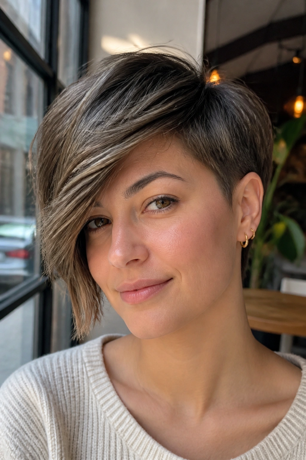 Three-quarter portrait of a real woman with a side-flip crop and tapered nape