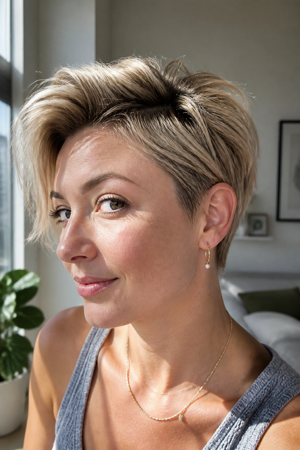 Portrait of a real woman with a side-flipped pixie hairstyle