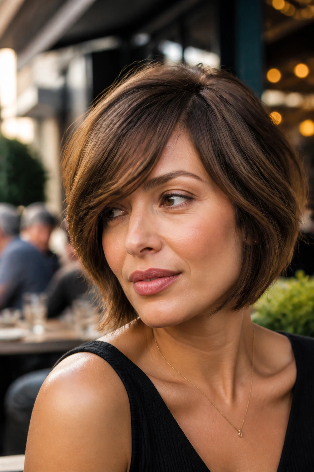 Close-up portrait of a real woman with side fringe and chin-length layers.