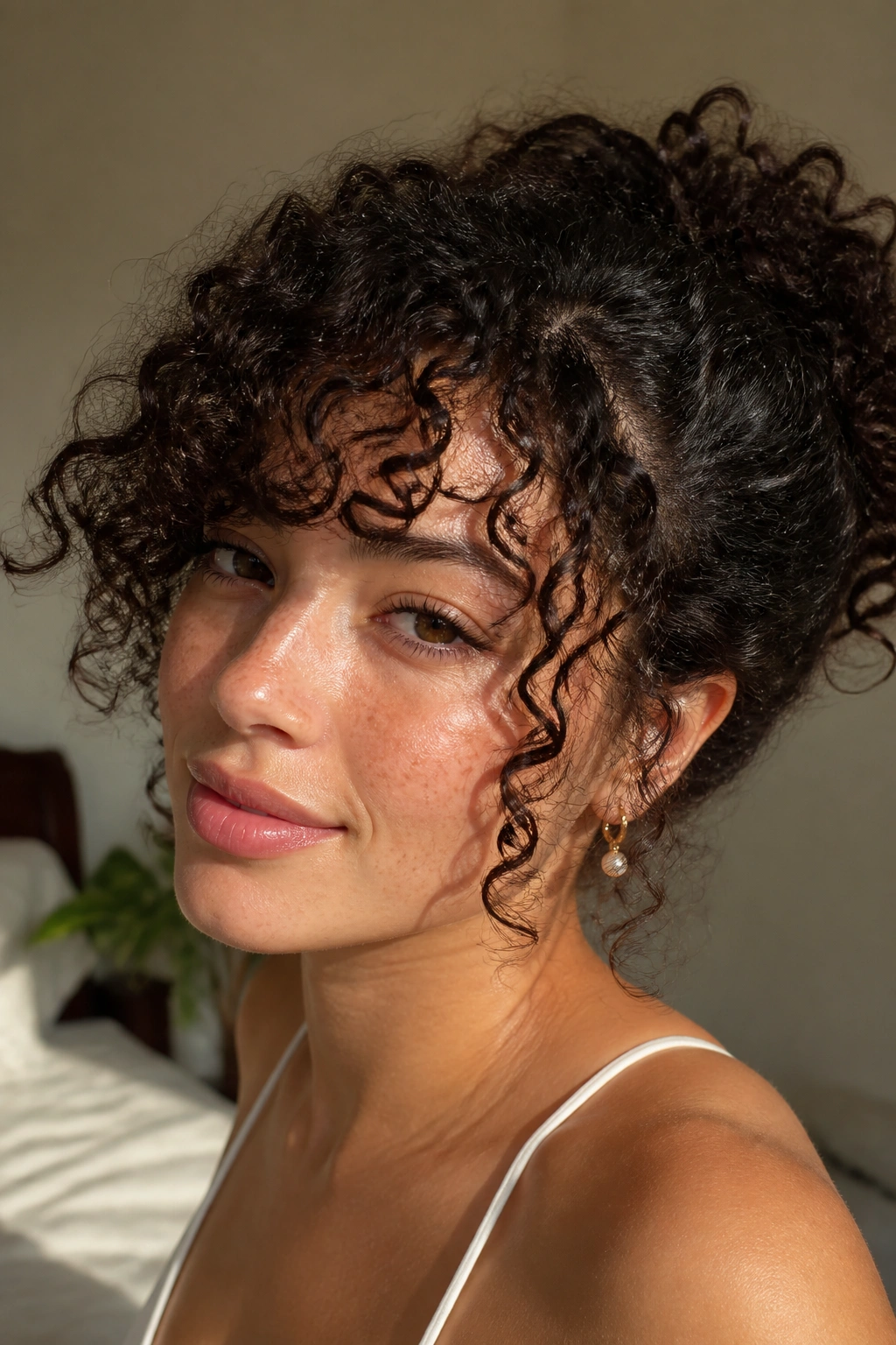 Close-up portrait showing side fringe and curly bangs framing the face in warm morning light