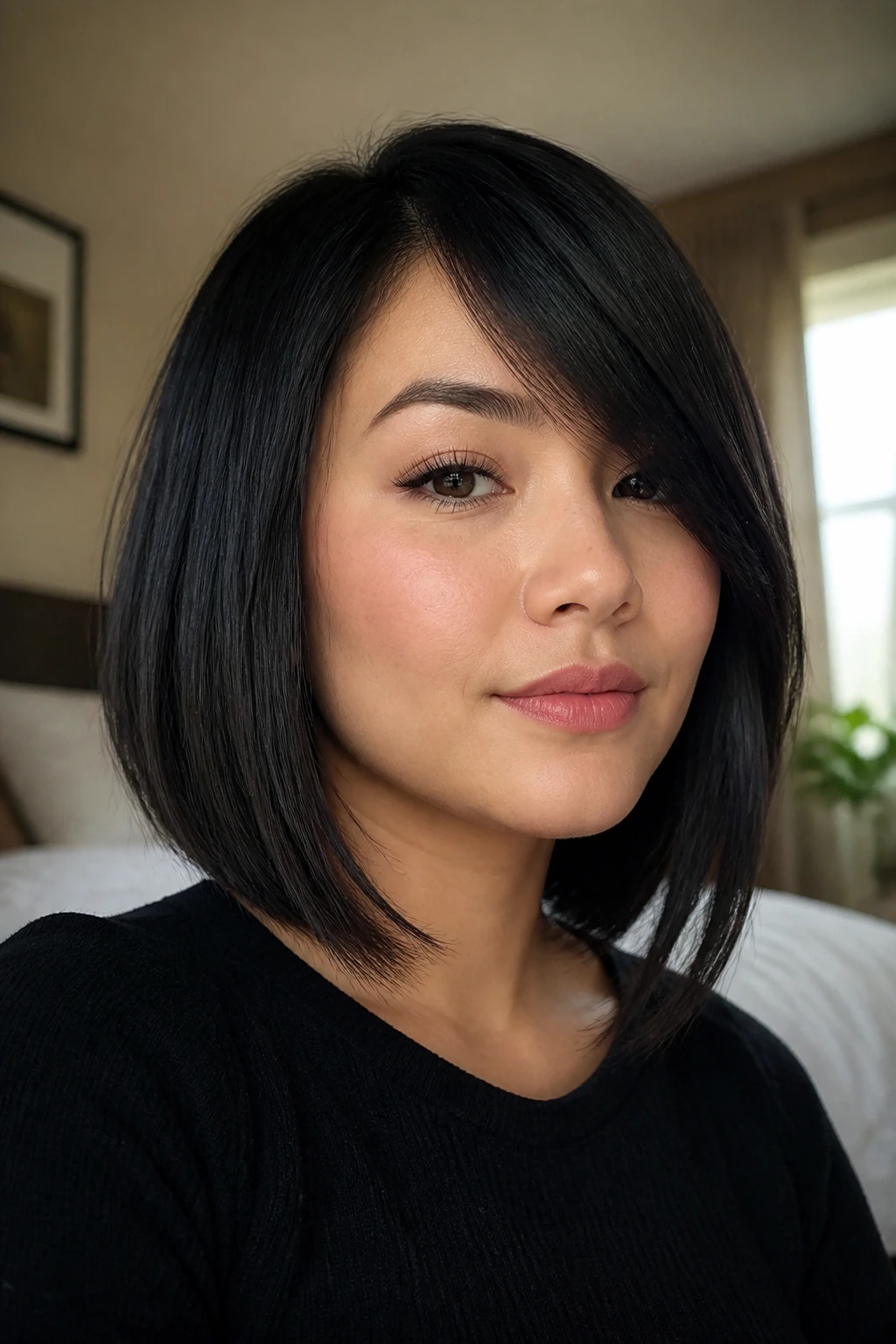 Close-up portrait of a real woman with side-swept fringe lob in long black hair