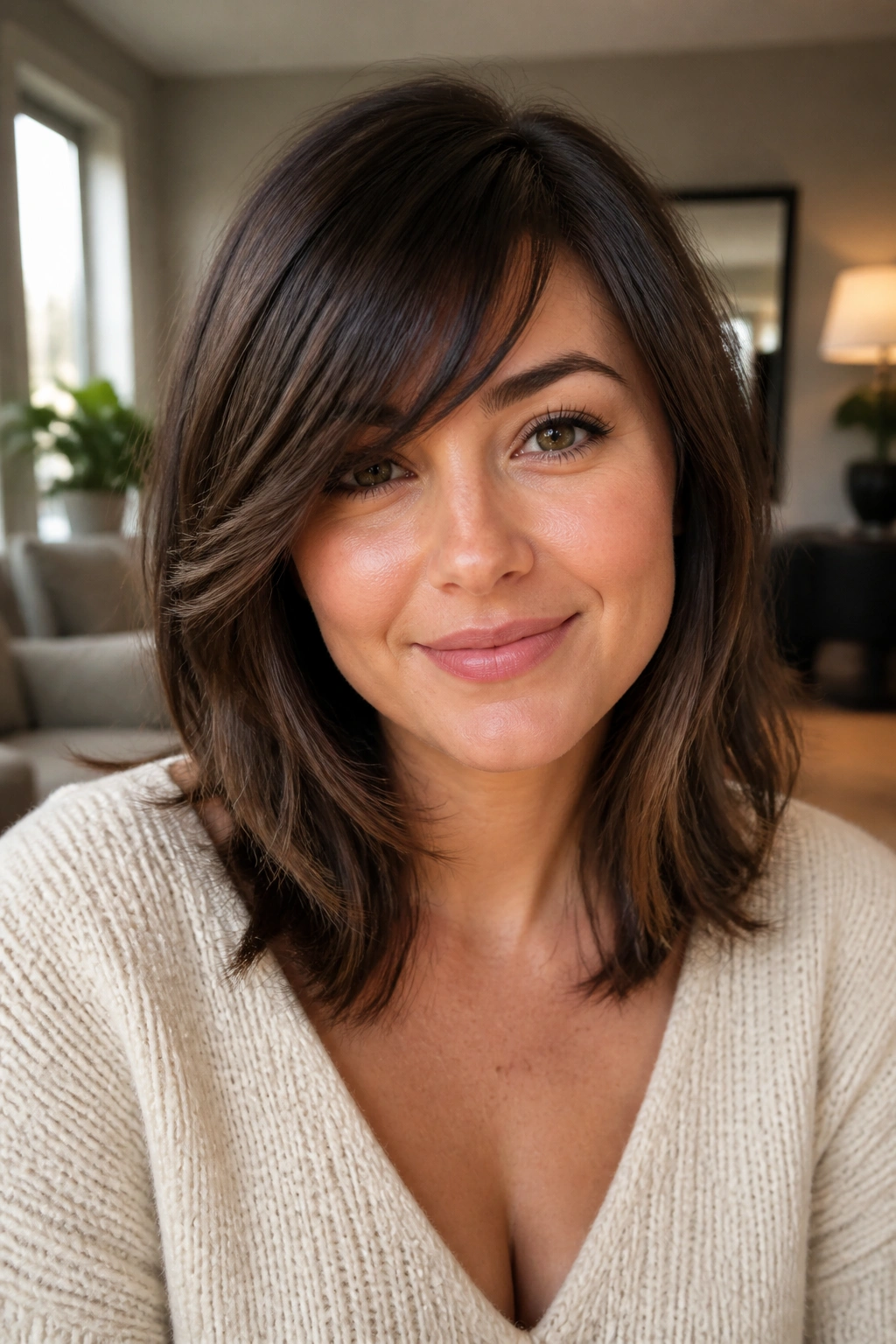 Close-up of a real woman with a deep side fringe on a shoulder-length cut in natural window light.