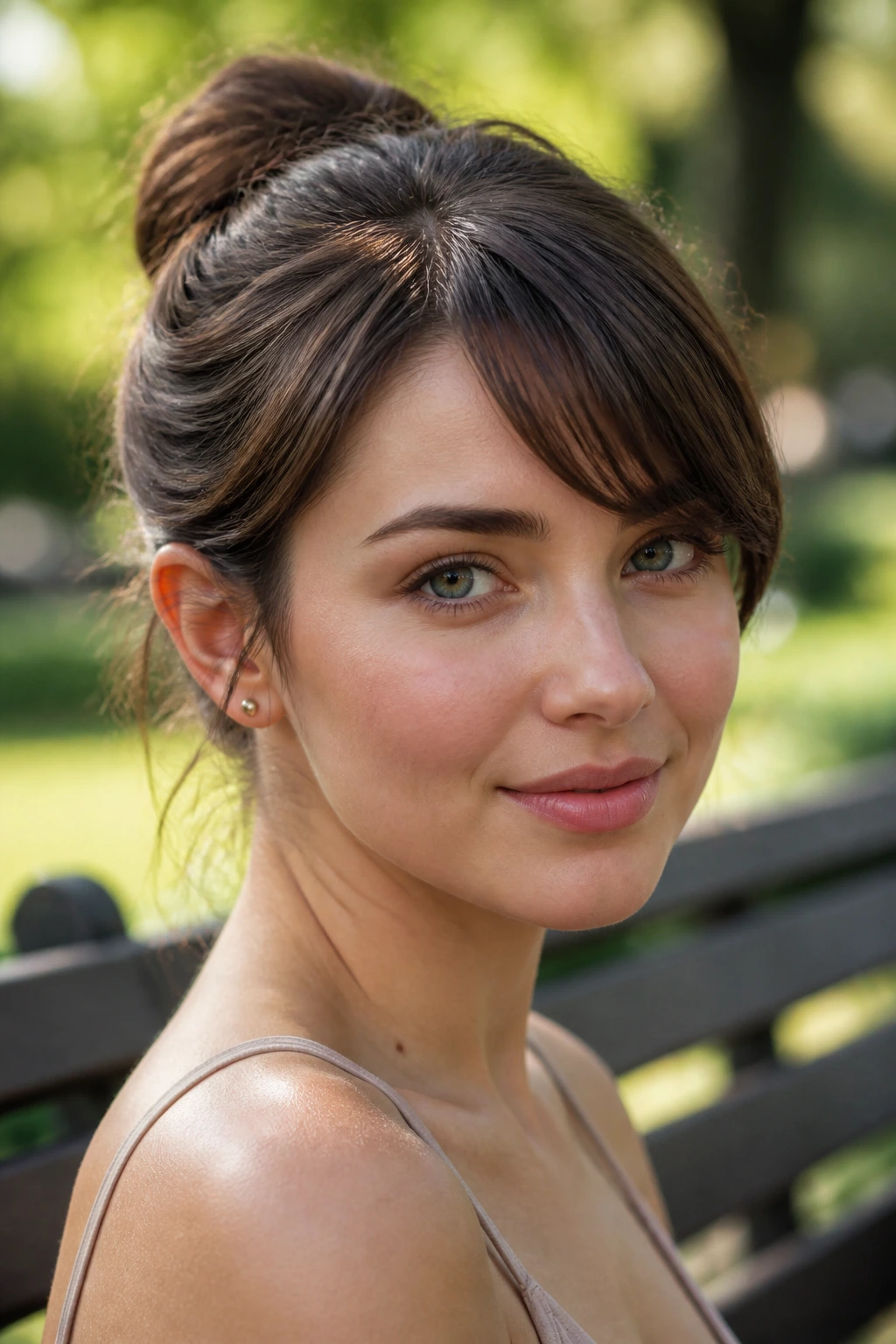 Close-up of a real woman with side fringe visible while hair is tied in a ponytail
