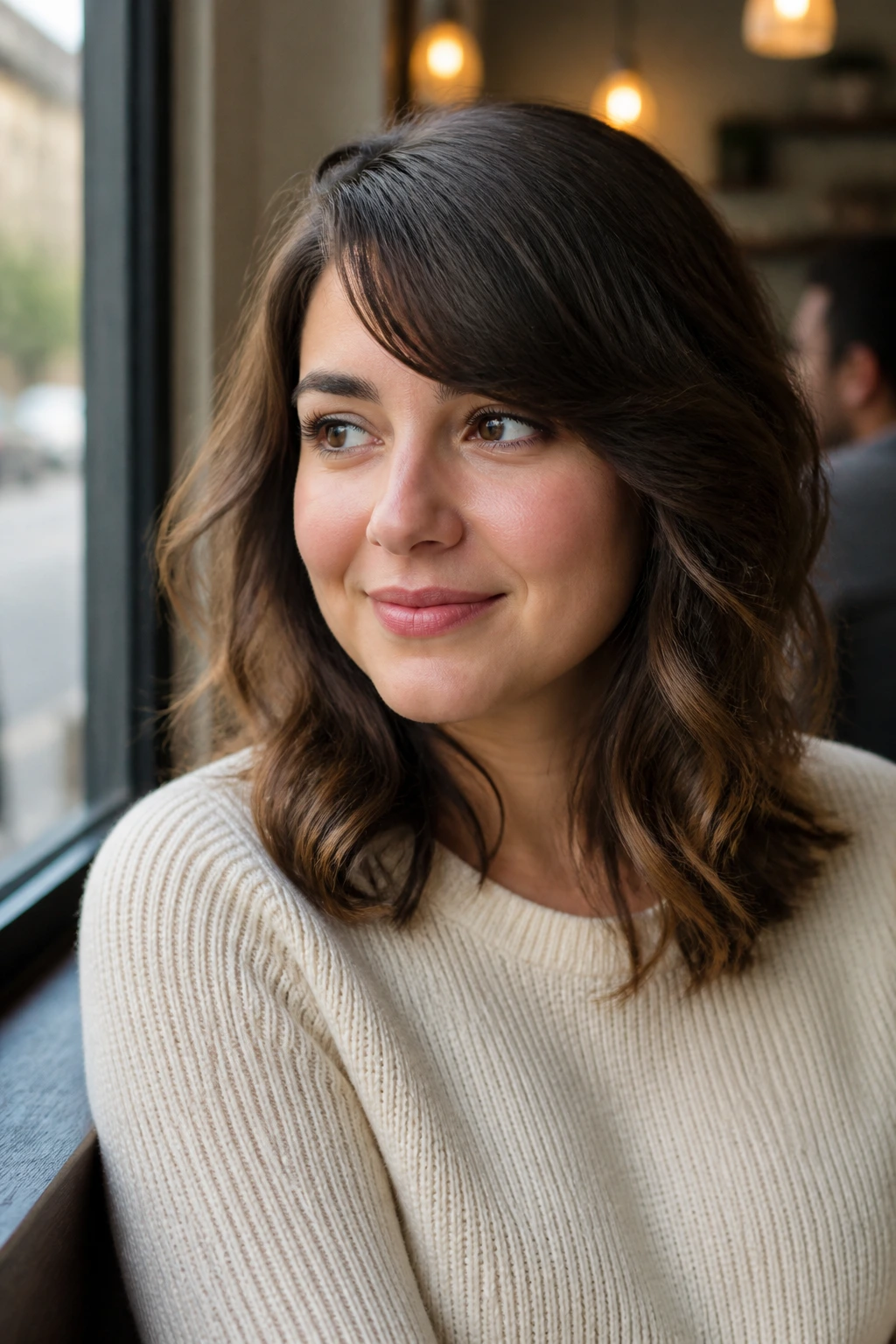 Close-up portrait of a real woman with side fringe and shoulder-length waves.