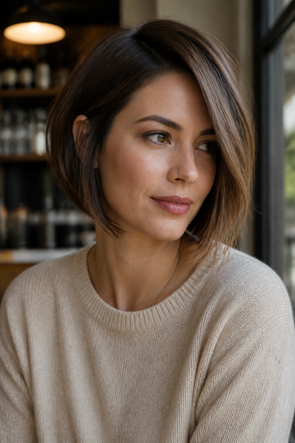 Portrait of a woman with side-heavy bob and face-framing ends.