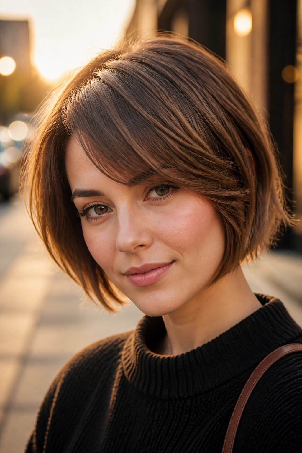 Close-up of a real person with side-heavy curtain bangs during golden hour on a city street