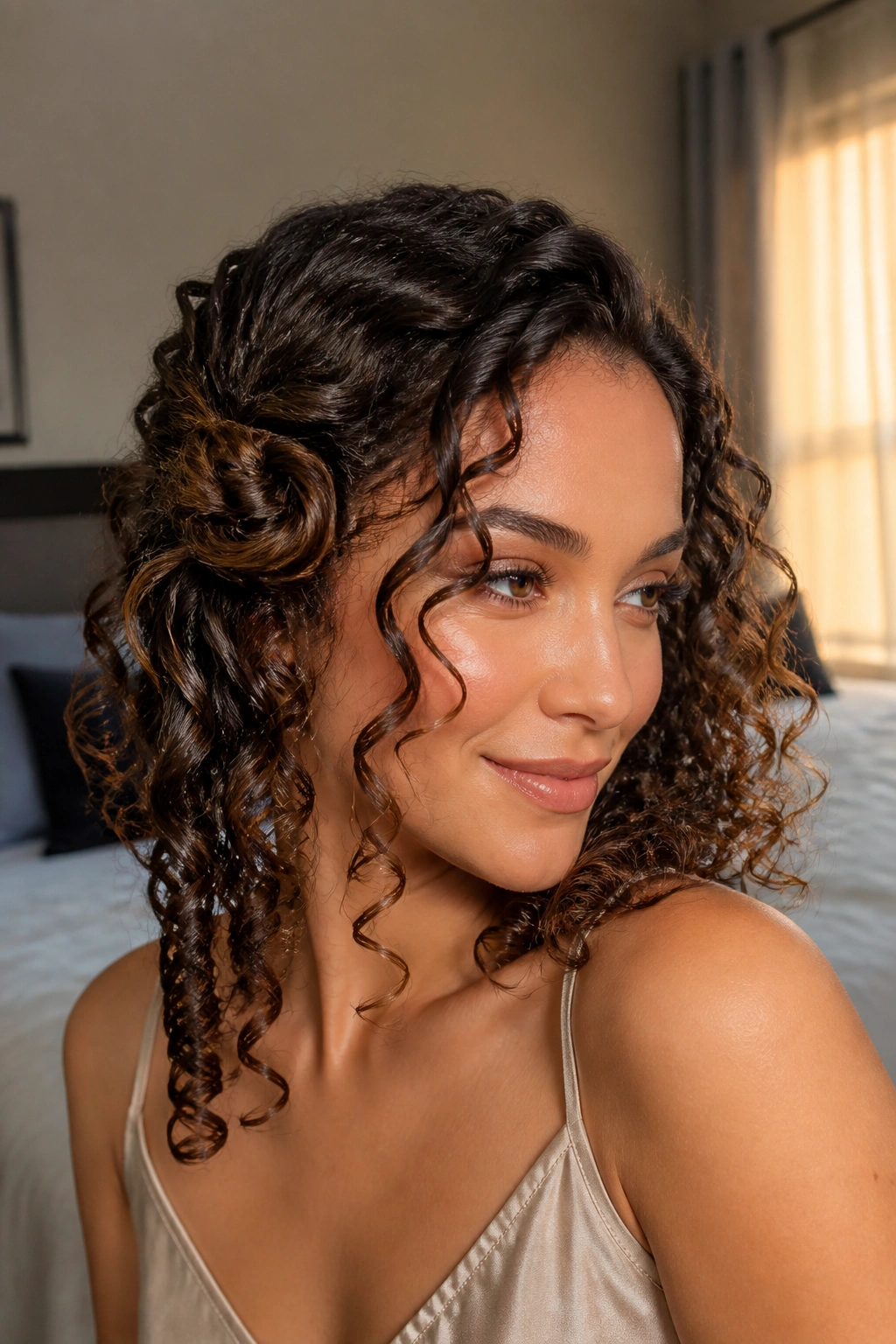 Close-up of a real woman with a side knot and loose spirals in curly hair under natural window light
