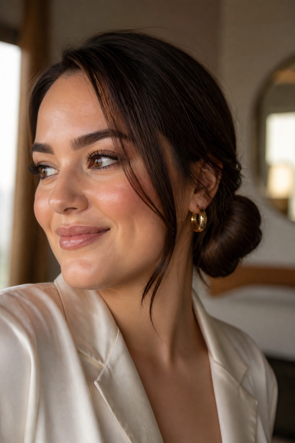Close-up of woman with side low bun near temple