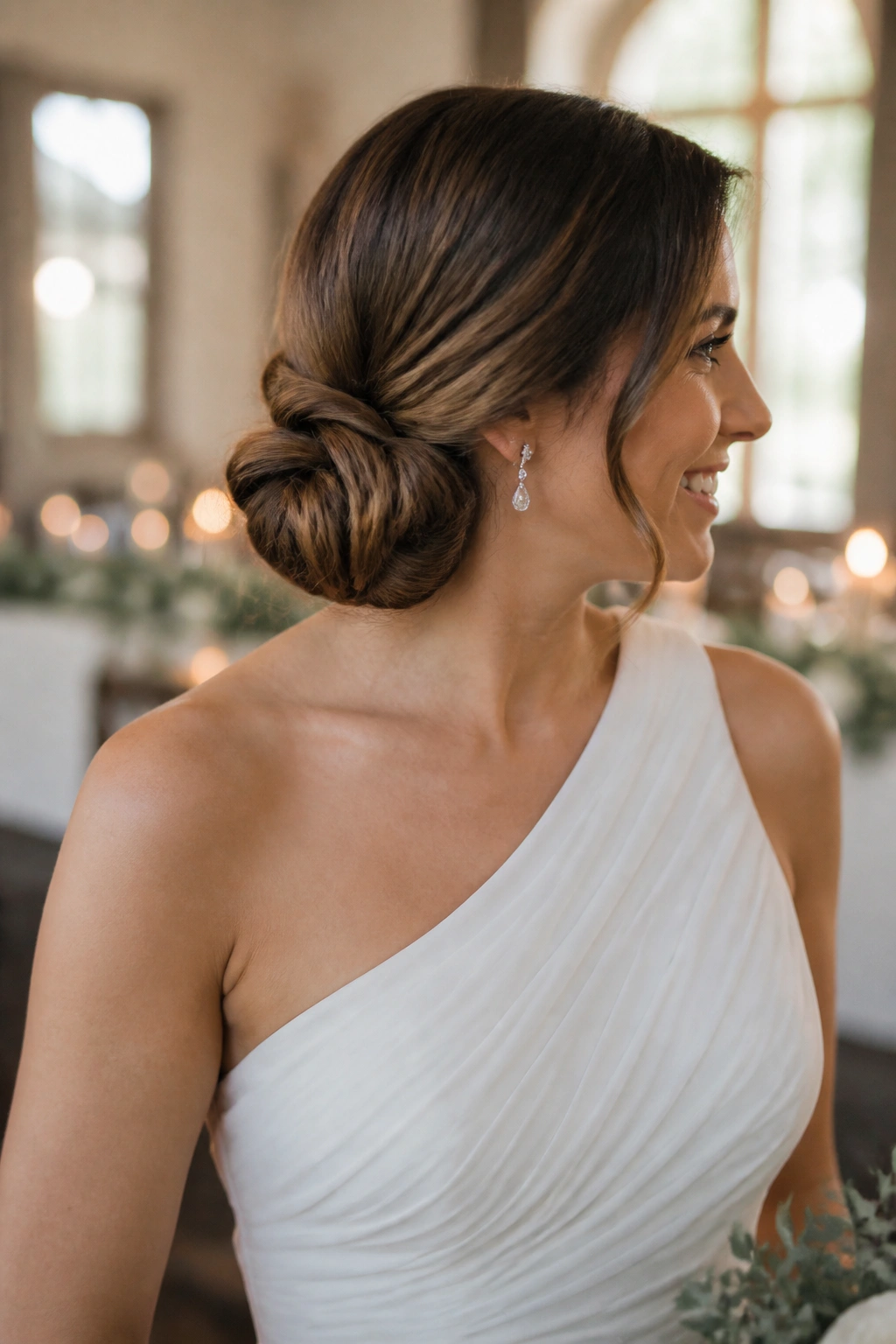 Side nape chignon on a real bride with one-shoulder dress