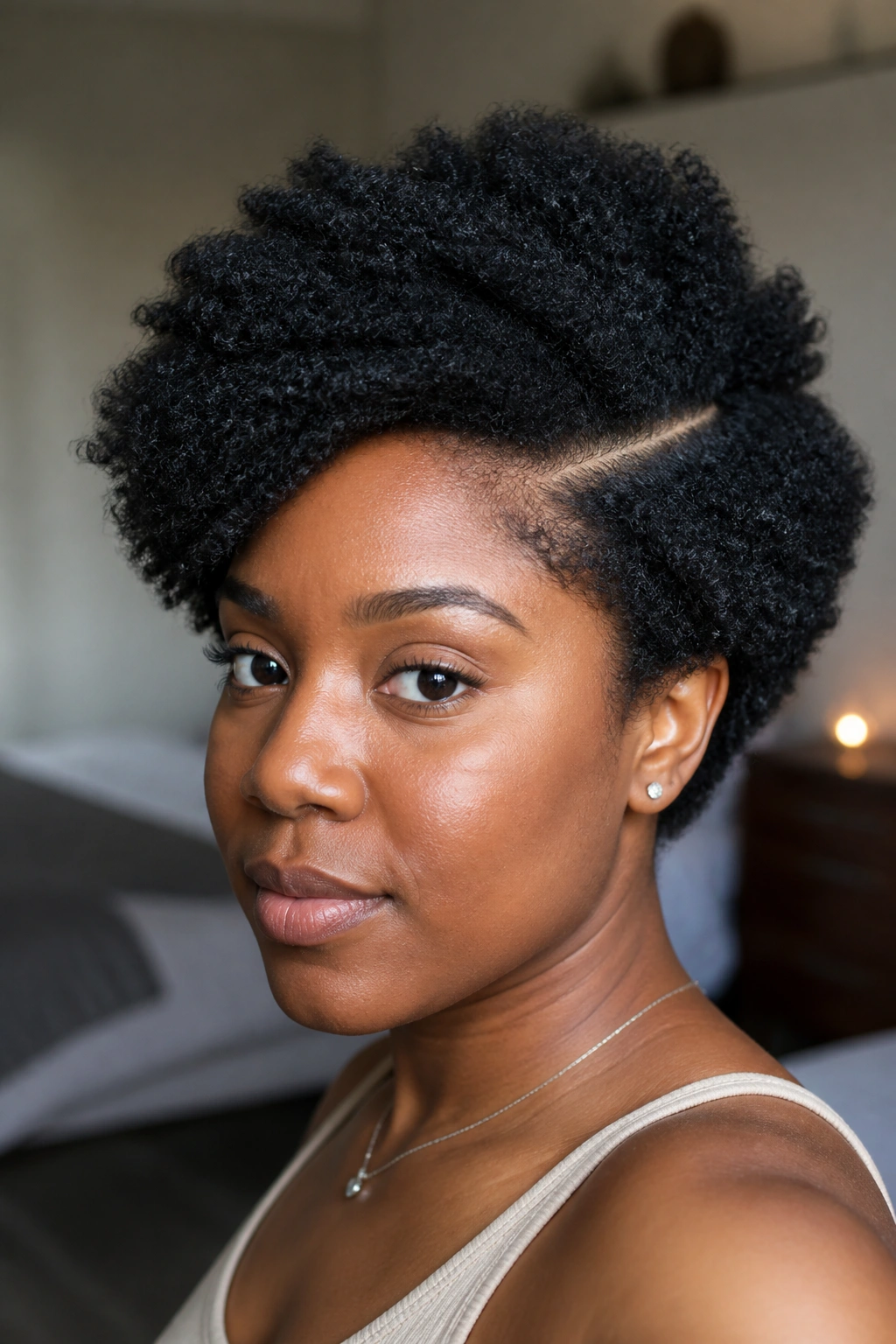 Close-up of Side-Part Afro hairstyle on a real person with a deep part in 4C hair