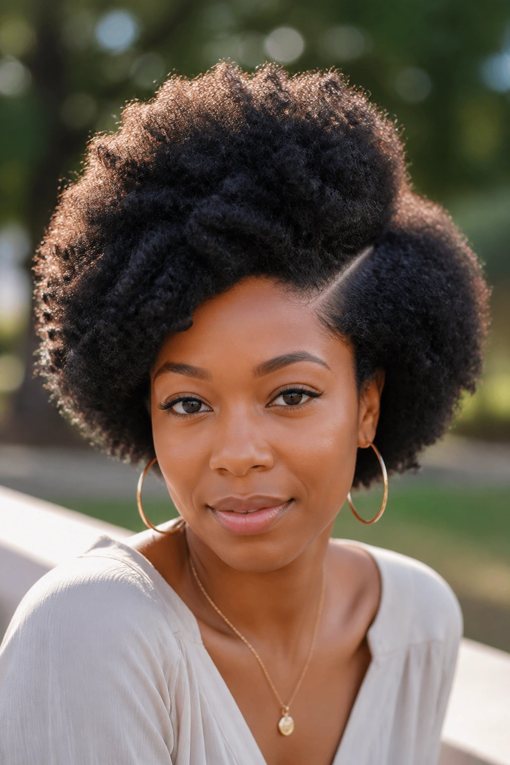 Close-up of person with side-part afro and crown height in daylight park