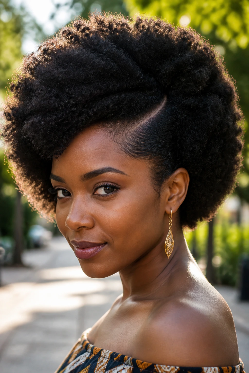 Close-up of a real person with a side-part Afro silhouette