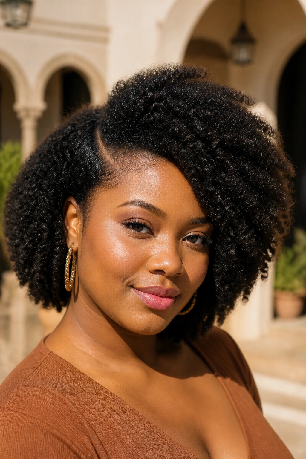 Close-up portrait of a real person with a deep side-part afro in daylight outdoors