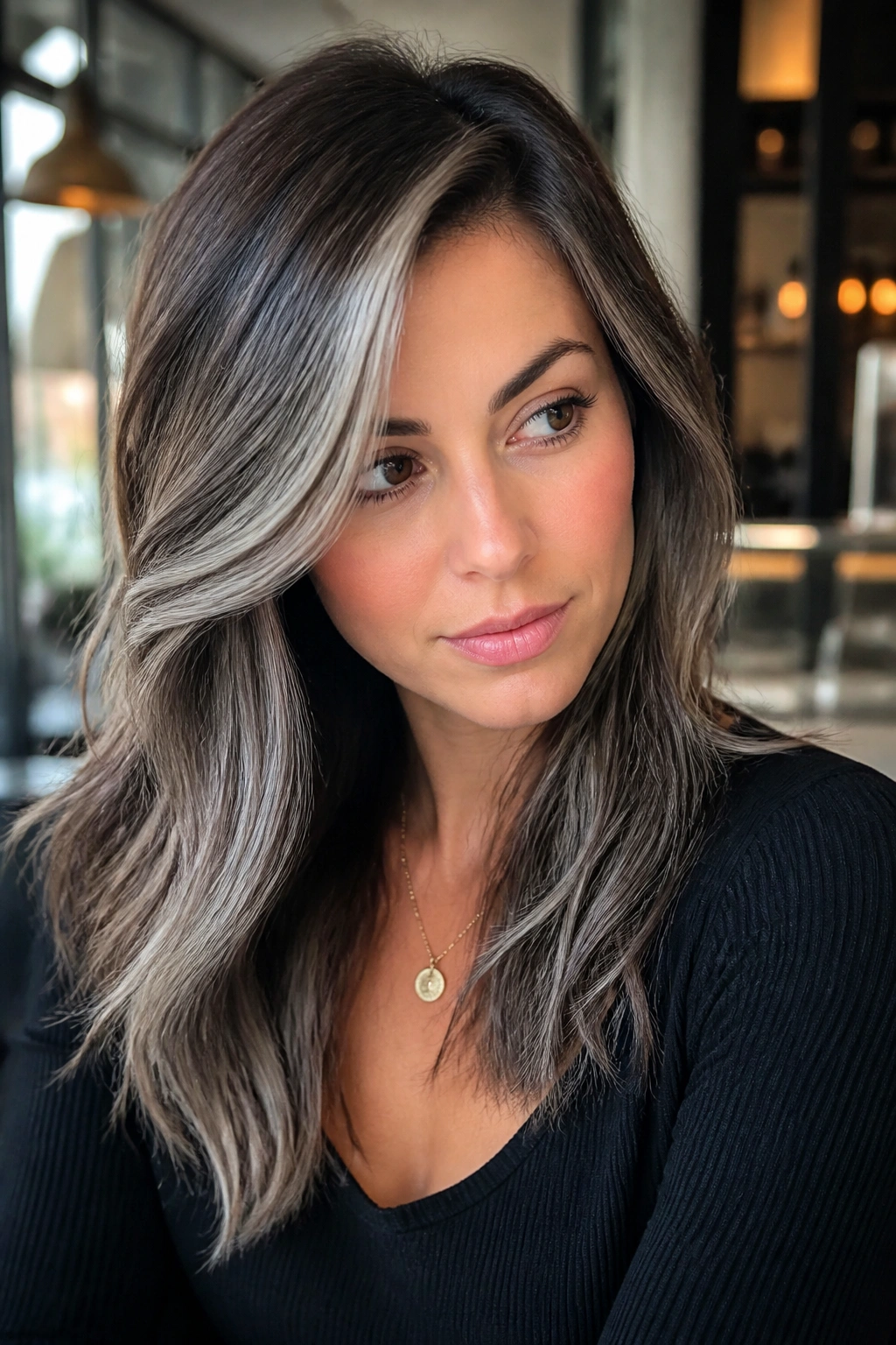Close-up of side-part balayage with a face-frame sweep.