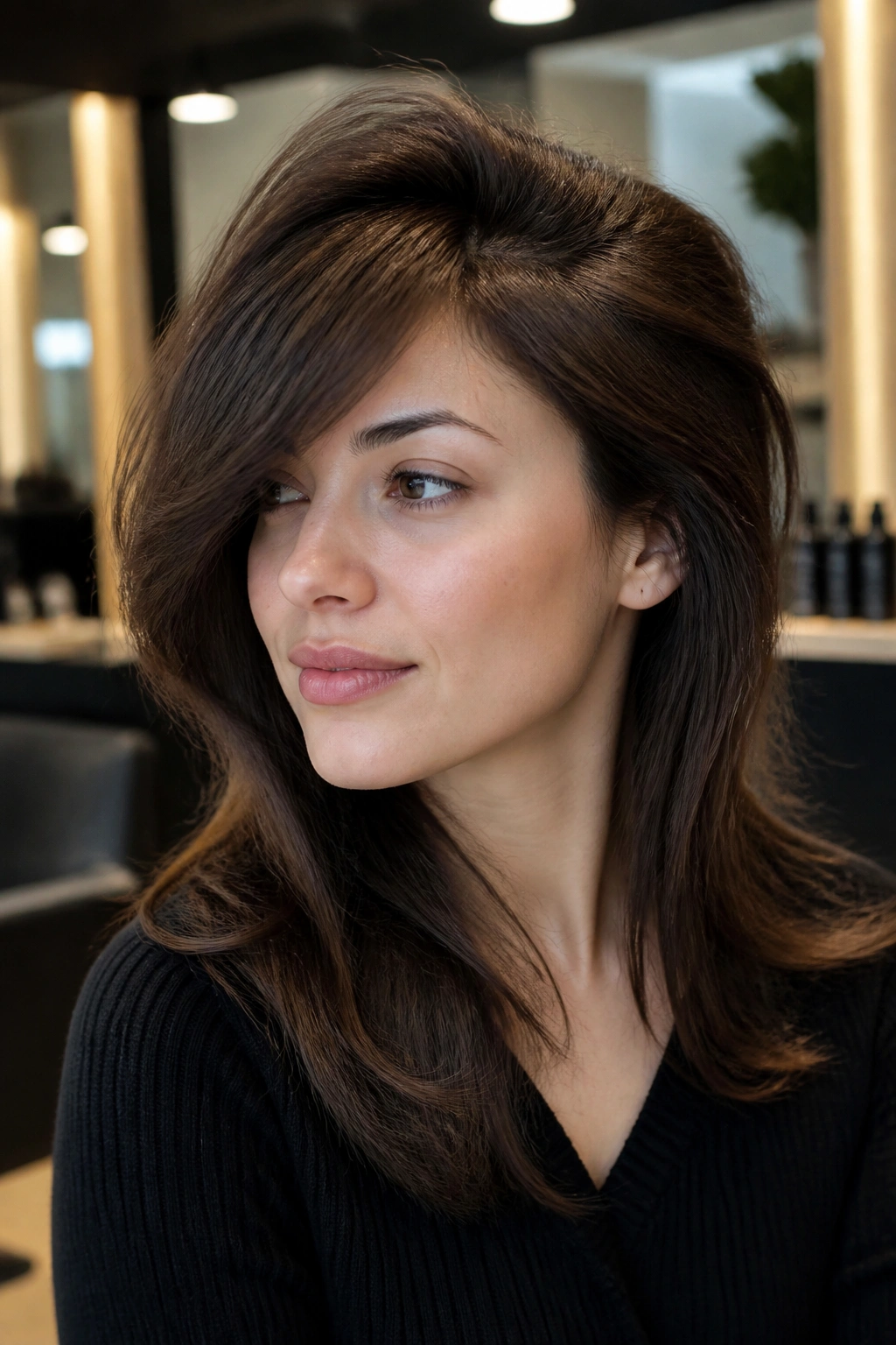 Close-up portrait of a woman with side-part bangs and crown volume
