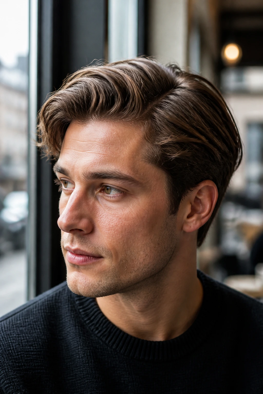 Close-up portrait of a man with a side part and blended layers