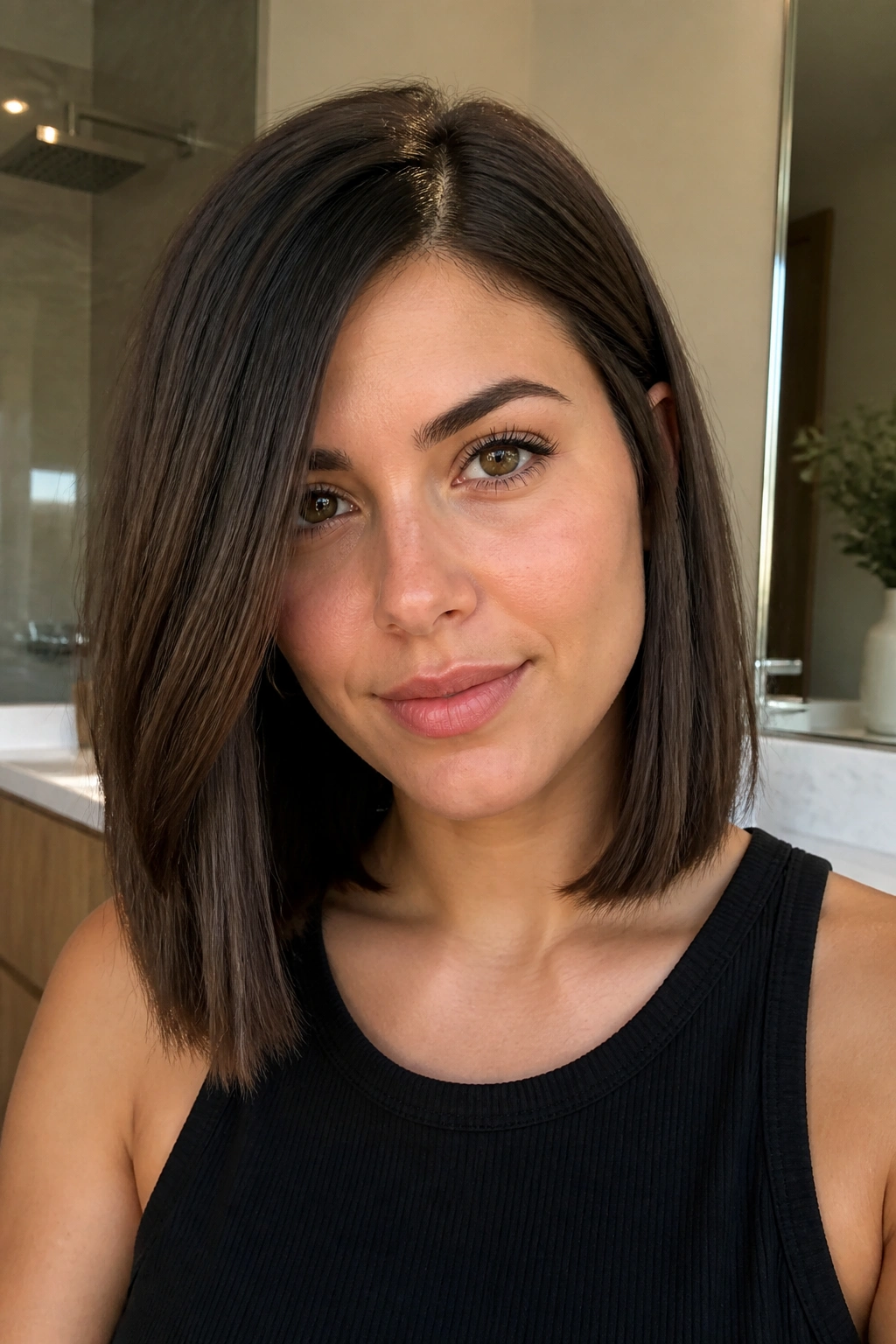 Close-up of a real person with a shoulder-length blunt cut and side part.