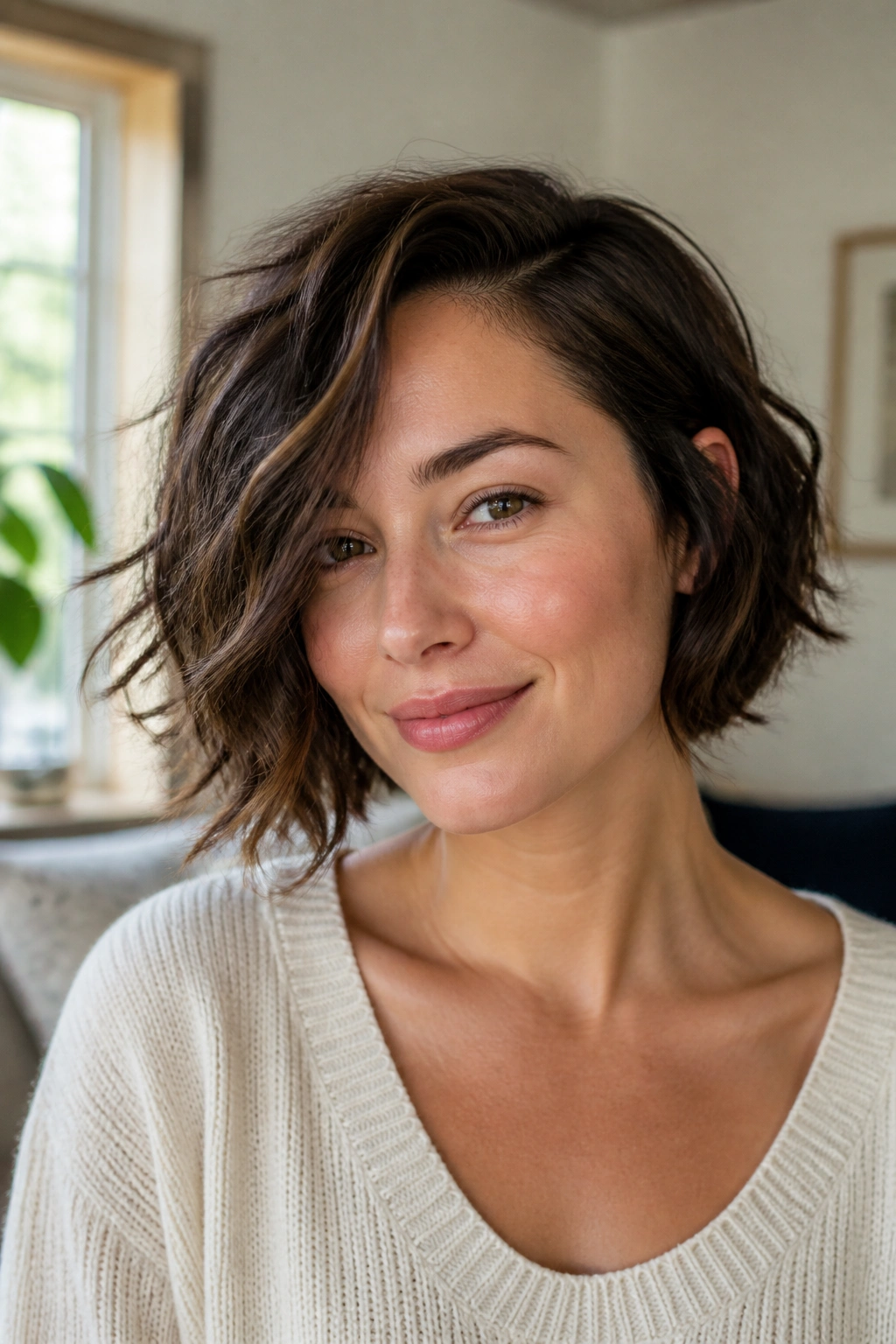 Close-up portrait of a real woman with a deep side-part bob showing asymmetrical movement