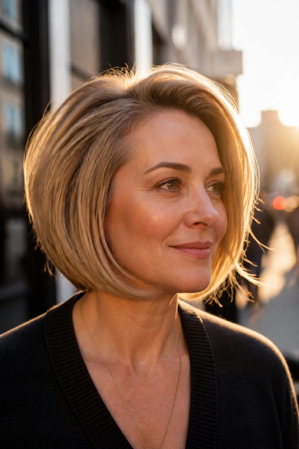 Close-up portrait of a real woman with a side-part rounded bob and crown lift.