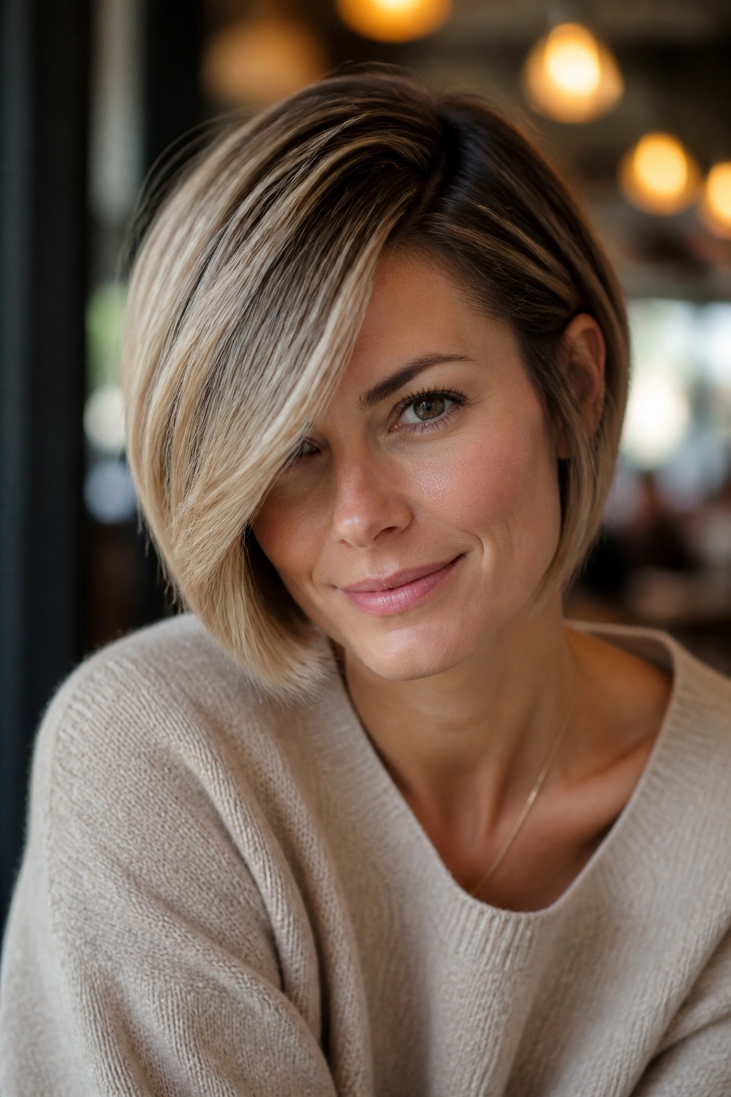 Real person wearing a side-part bob with a heavy sweep under natural light