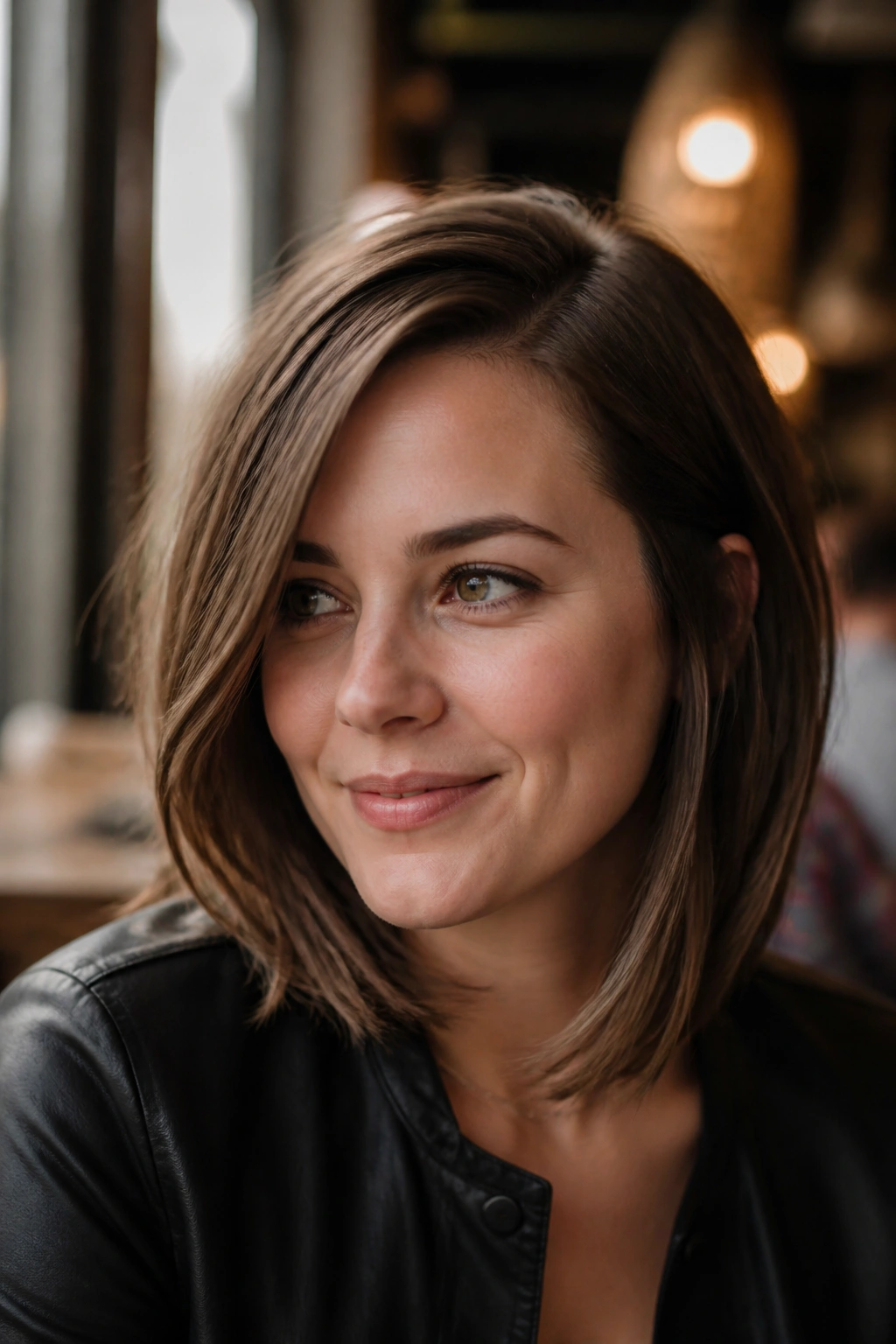 Close-up of a real woman with a side-part bob and long internal layers in warm cafe light.