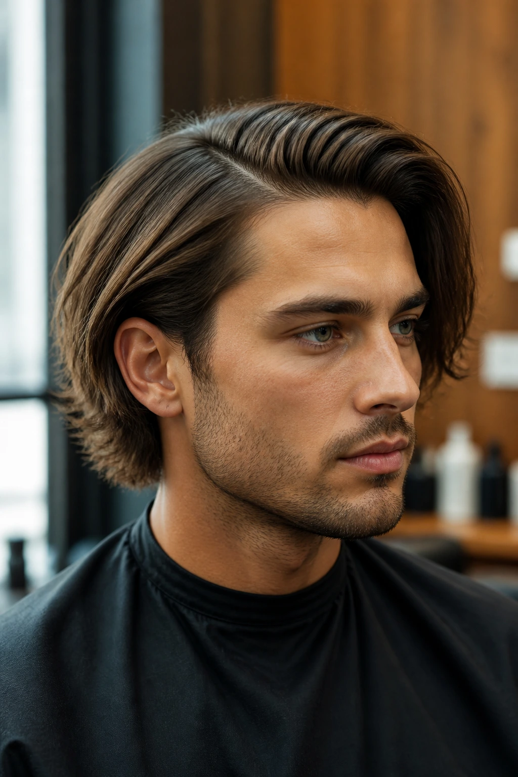 Close-up portrait of a man with a deep side-part bob in a warm salon.