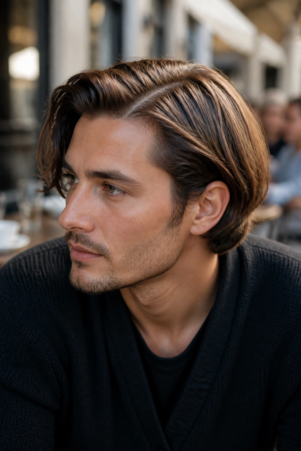 Close-up of a man with a side-part bob in a cafe setting