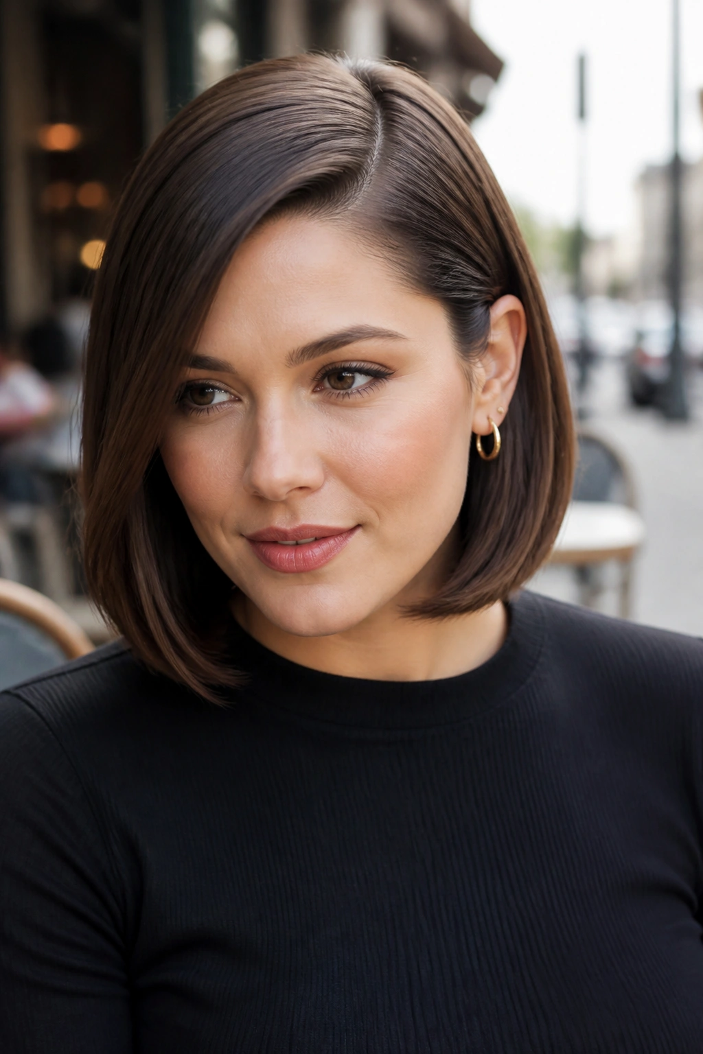 Close-up of a real woman with a deep side-parted sleek bob just below the chin