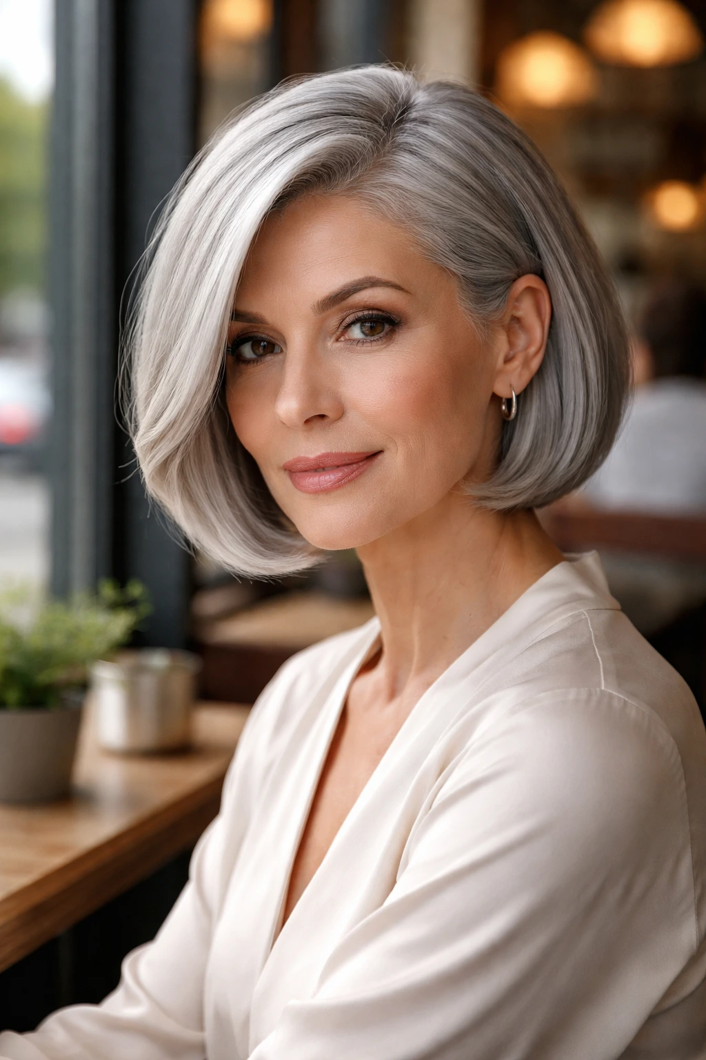 Portrait of a real woman with a deep side-parted sleek bob in a cafe setting