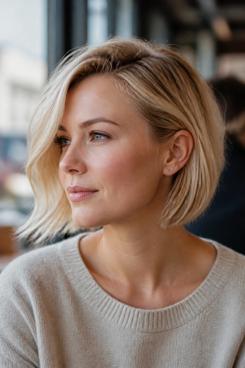 Portrait of a real woman with side-part bob tucked side behind ear