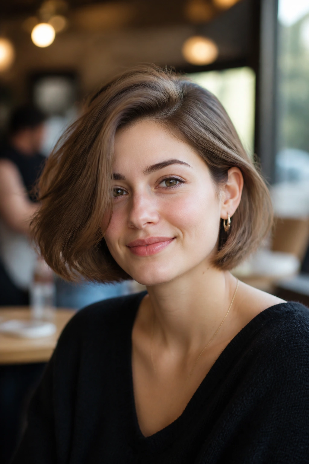 Medium close-up of a real girl with a side-parted bob and soft volume