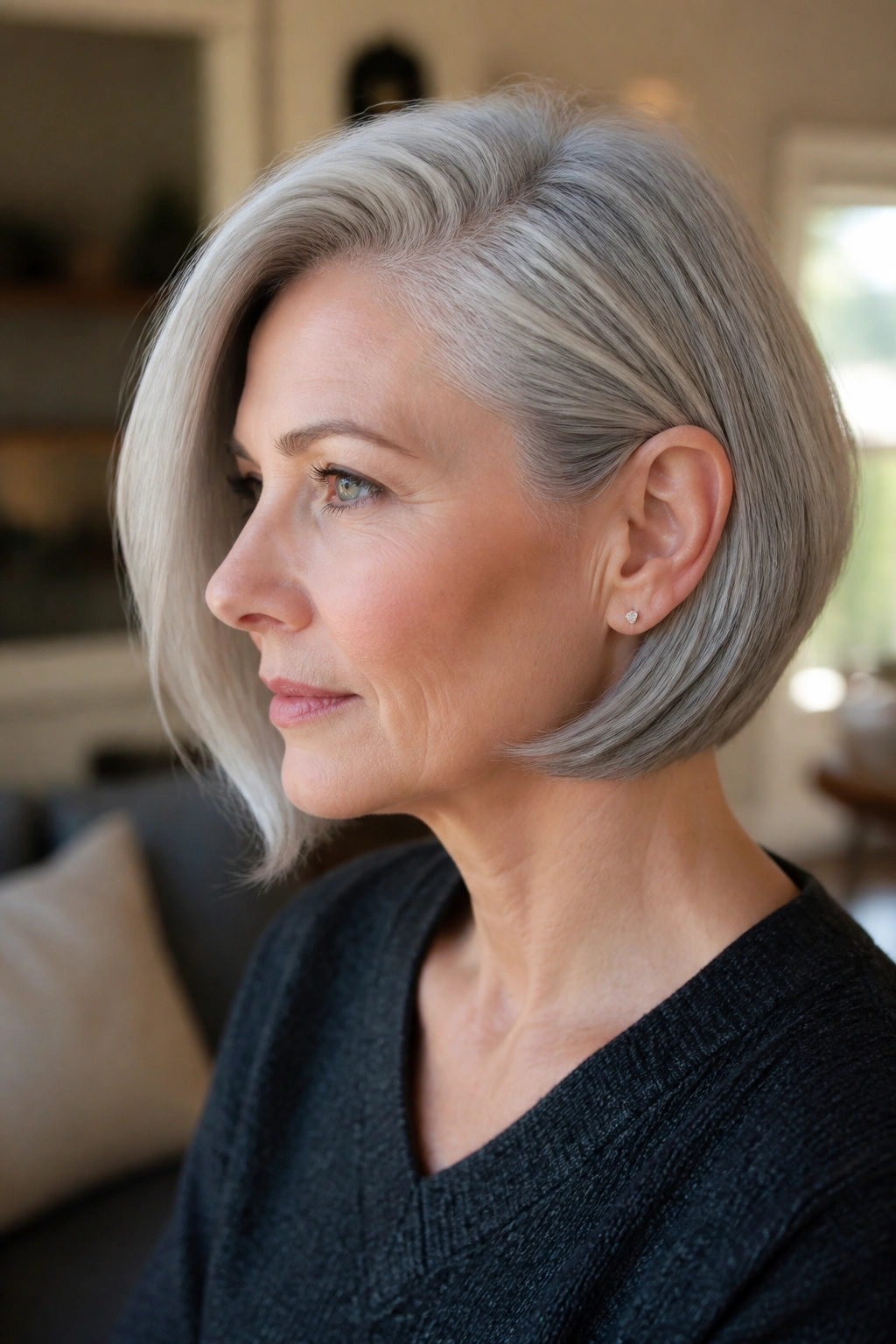 Side profile of a woman with a deep side-parted bob tucked behind the ear
