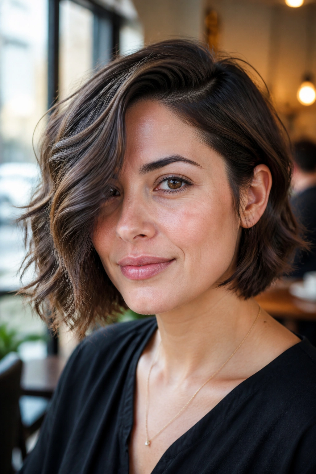 Portrait of a real woman with a side-part bob for wavy hair and lifted volume.