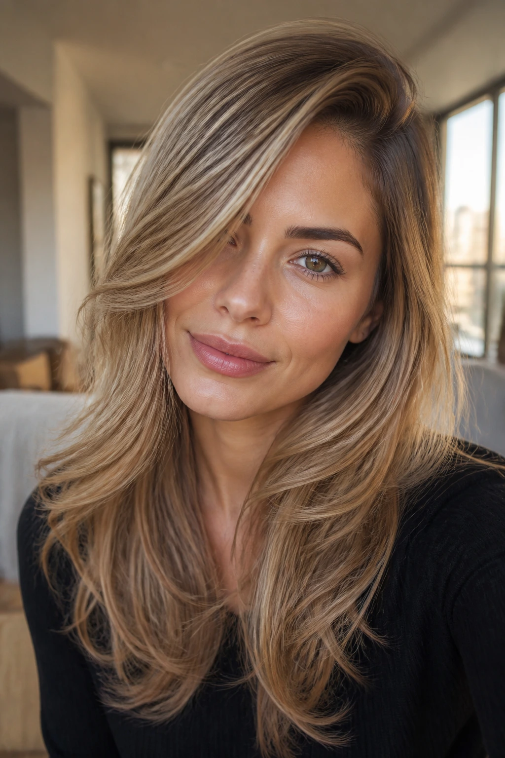 Close-up of Side-Parted Cascade Layers hairstyle on real woman