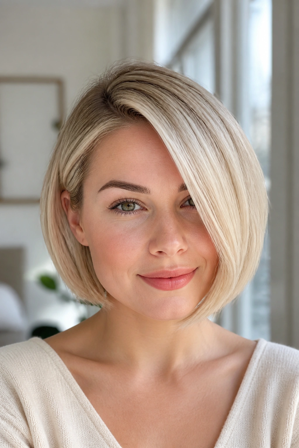 Real woman with deep side-part chin-length bob in natural light
