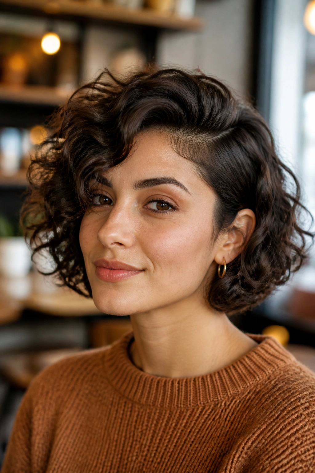 Close-up of a real person with a side-part chin-length curly bob in a cozy cafe light