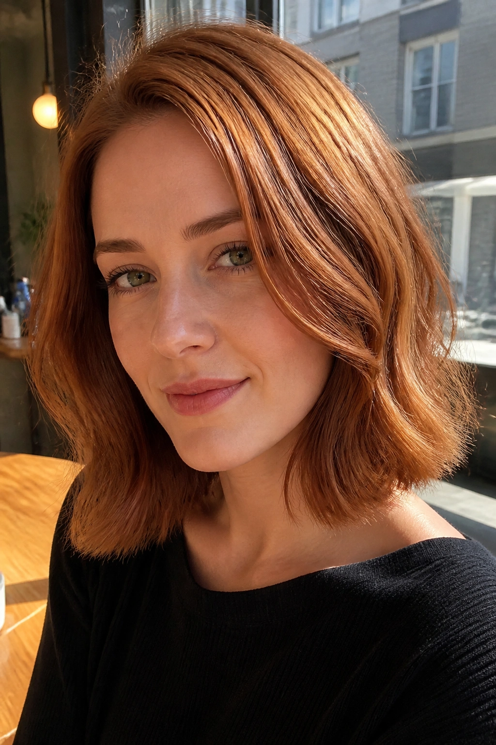 Close-up of a real woman with a side-part copper bob and a soft bend