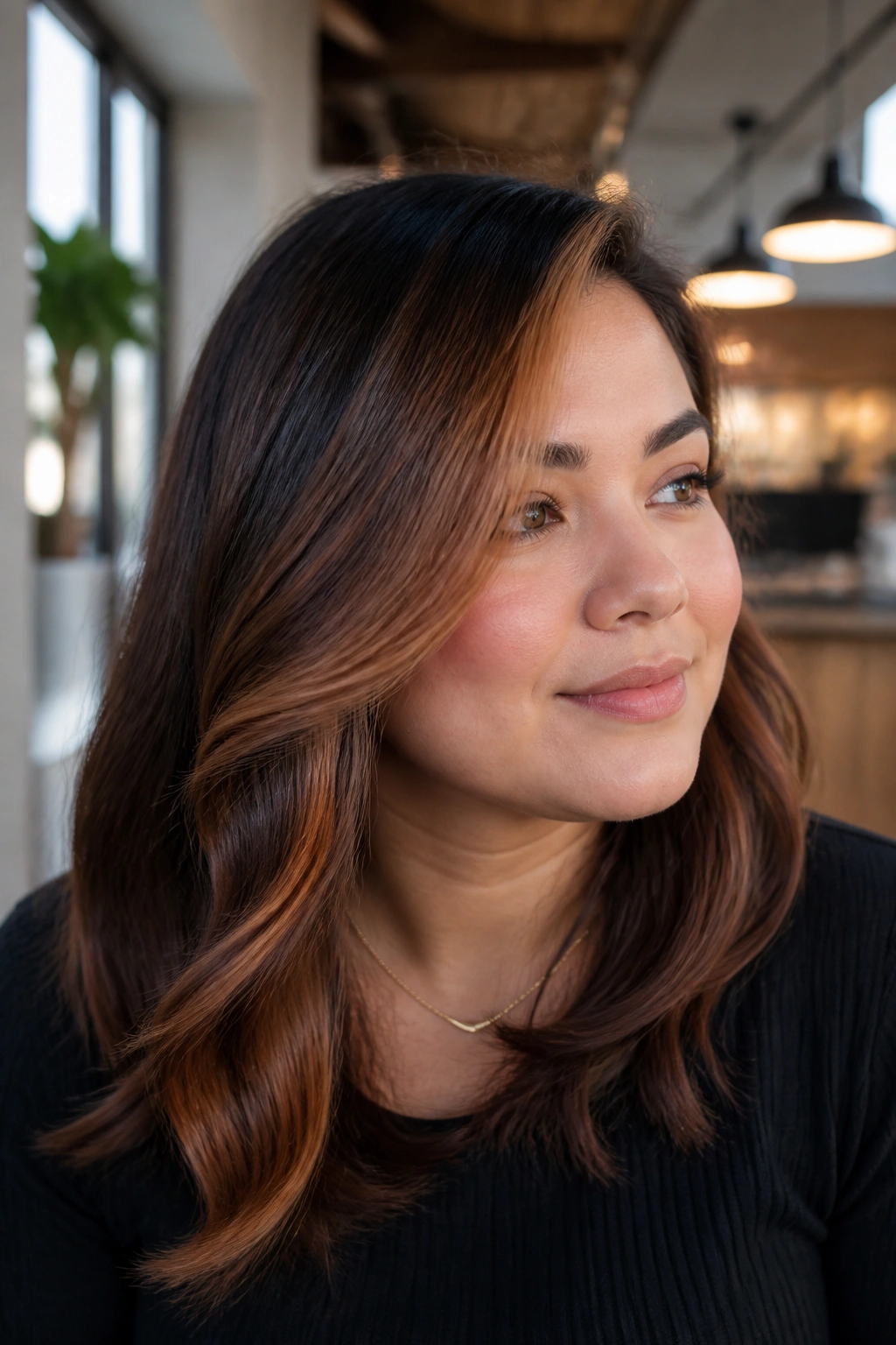 Portrait of a real person with a side-part copper sweep breaking facial width