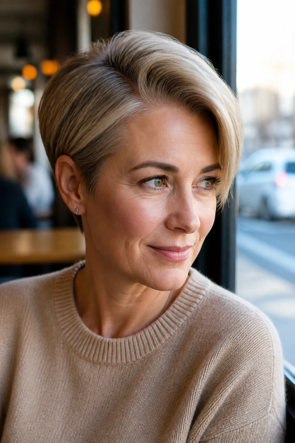 Real woman with deep side-part crop showing crown lift in natural light