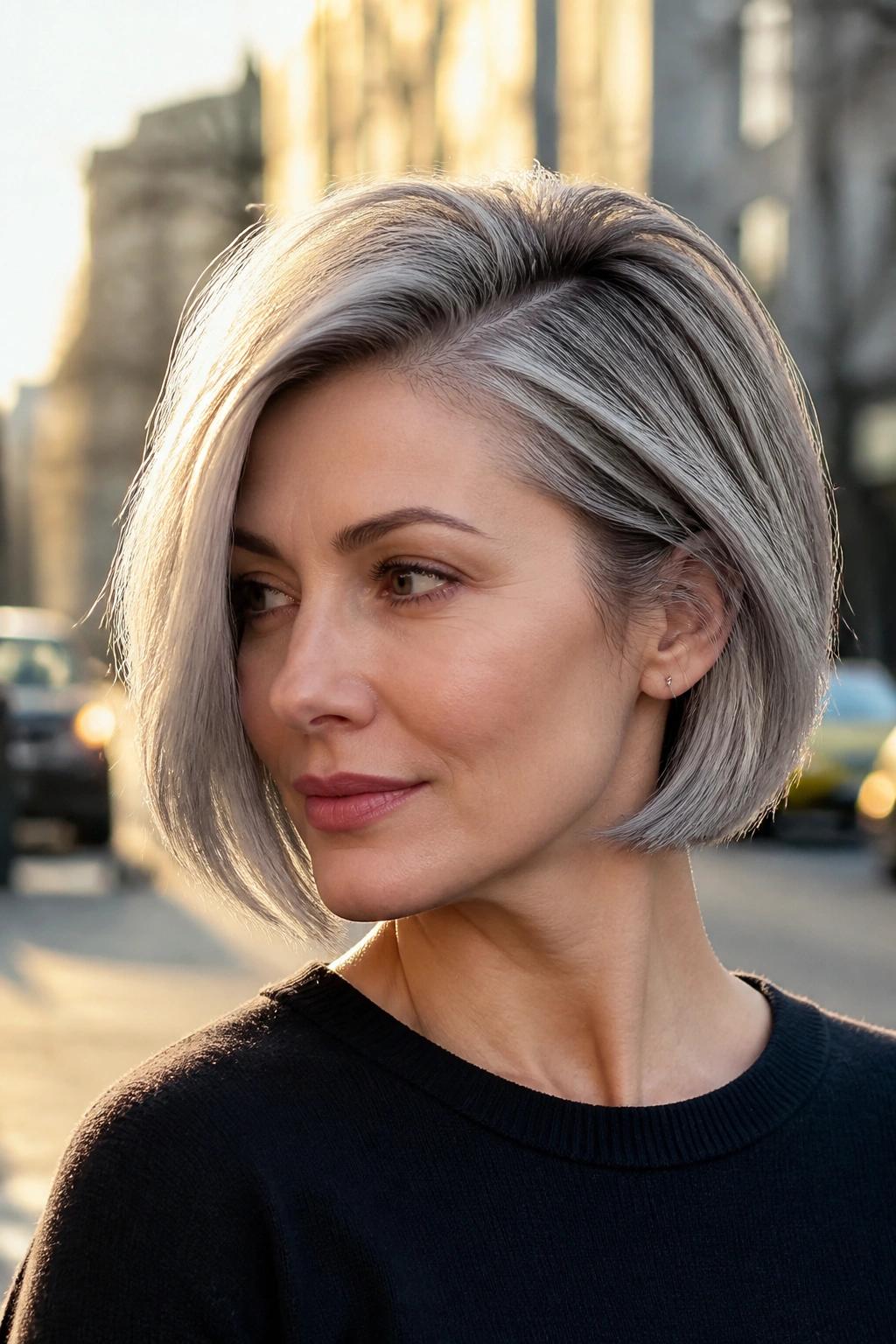 Close-up of real woman with side-part crown-lift bob in ash-silver with dark roots