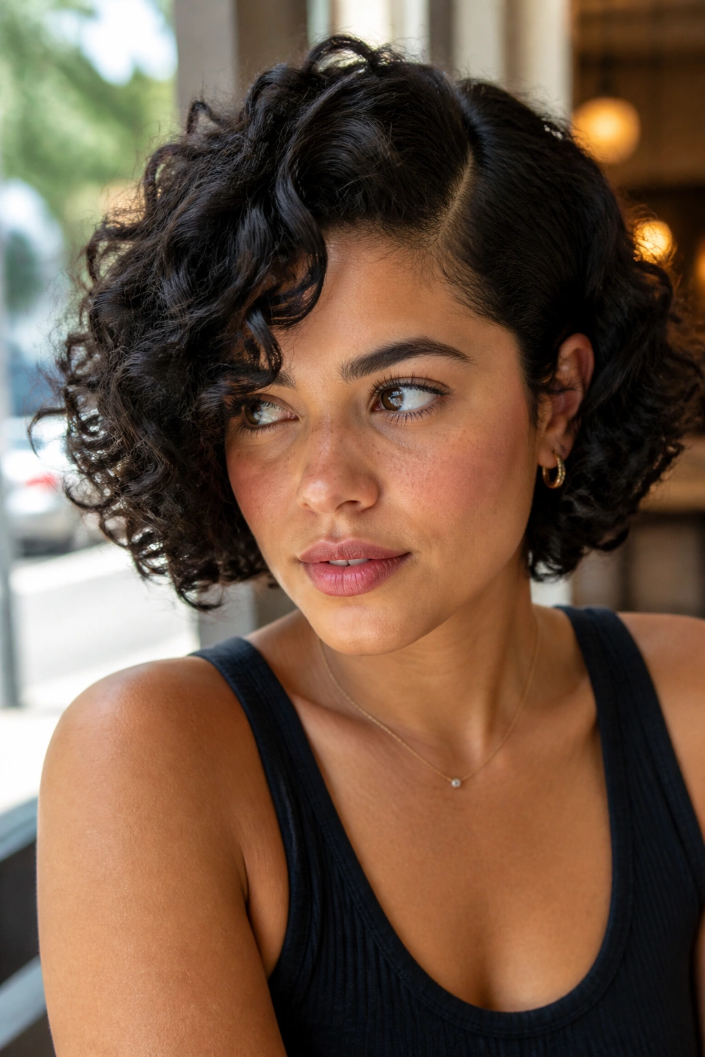 Close-up of a real person with side-part curly bob showing fullness