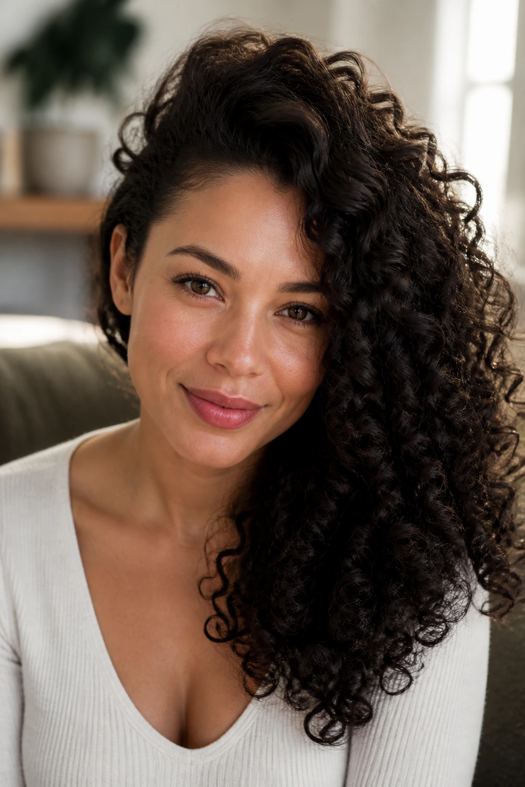 Close-up of side-part curl cascade with lifted roots on a real person