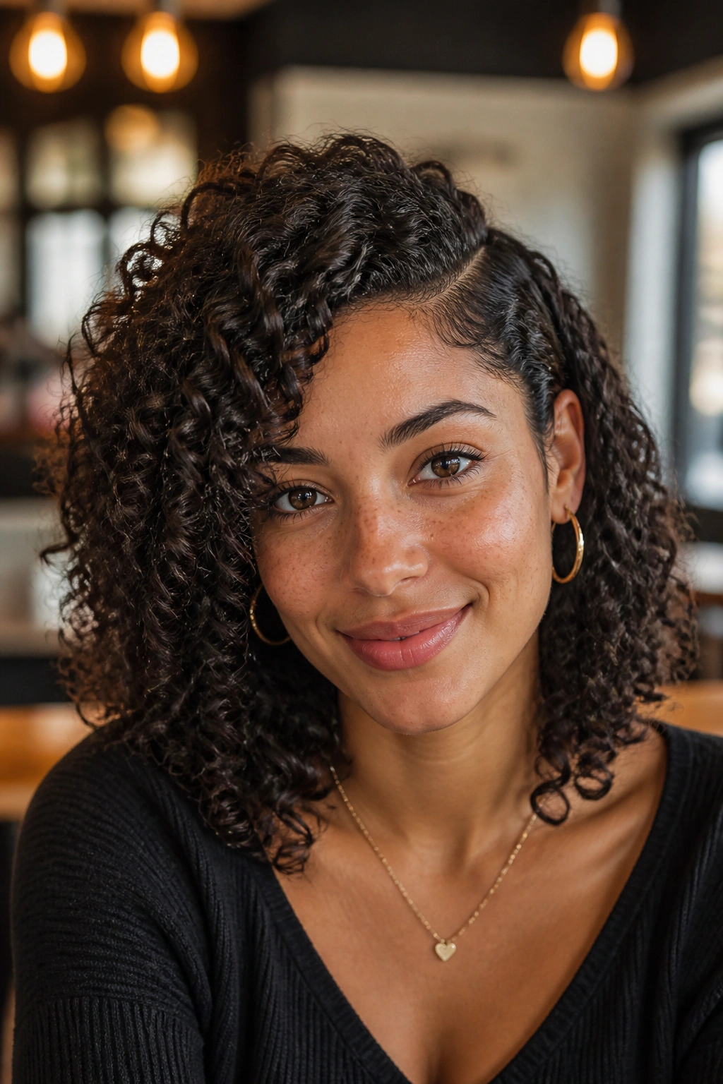 Portrait of a person with a deep side-part and voluminous curls