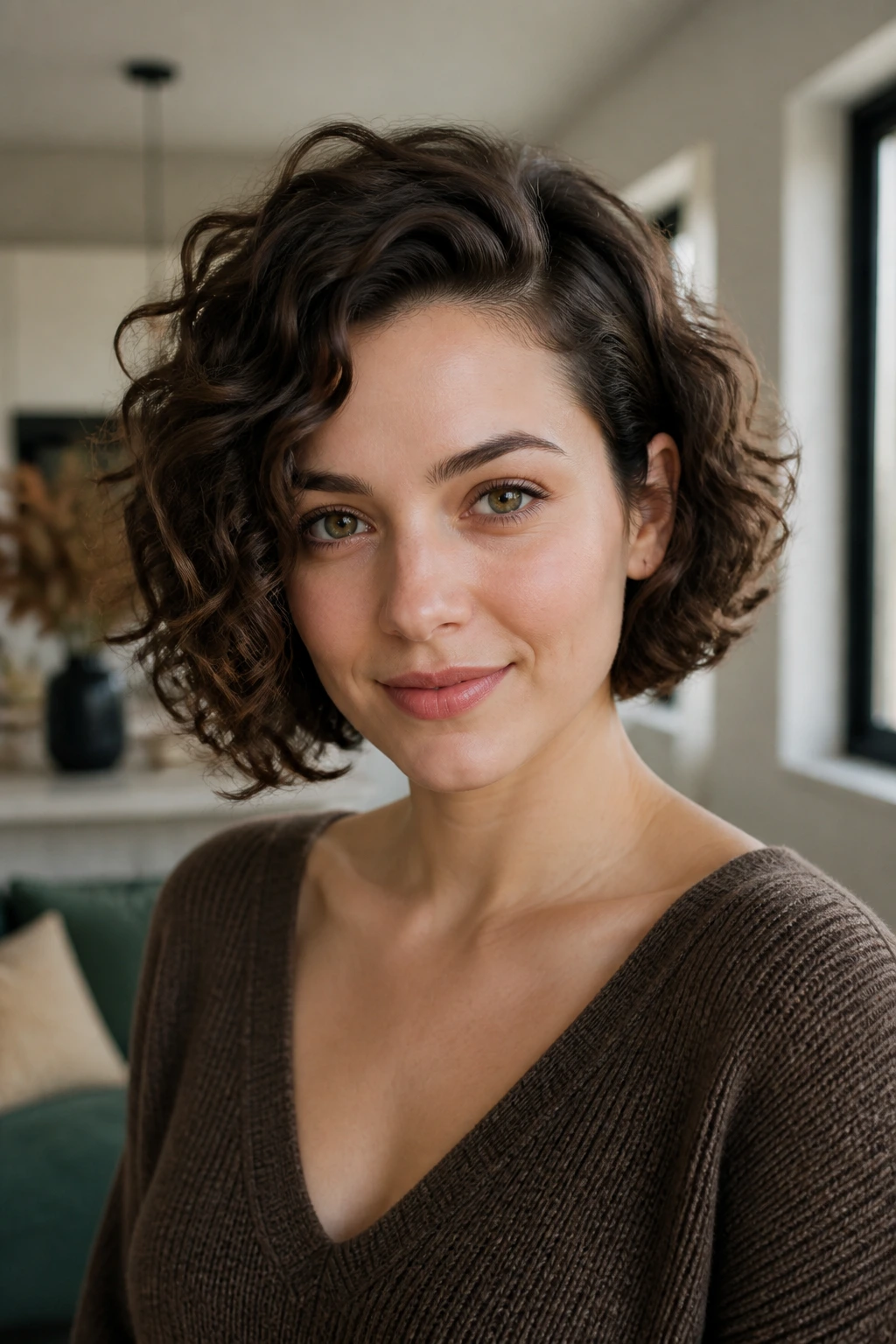 Medium close-up of a real woman with a jaw-skimming curly bob and deep side part.